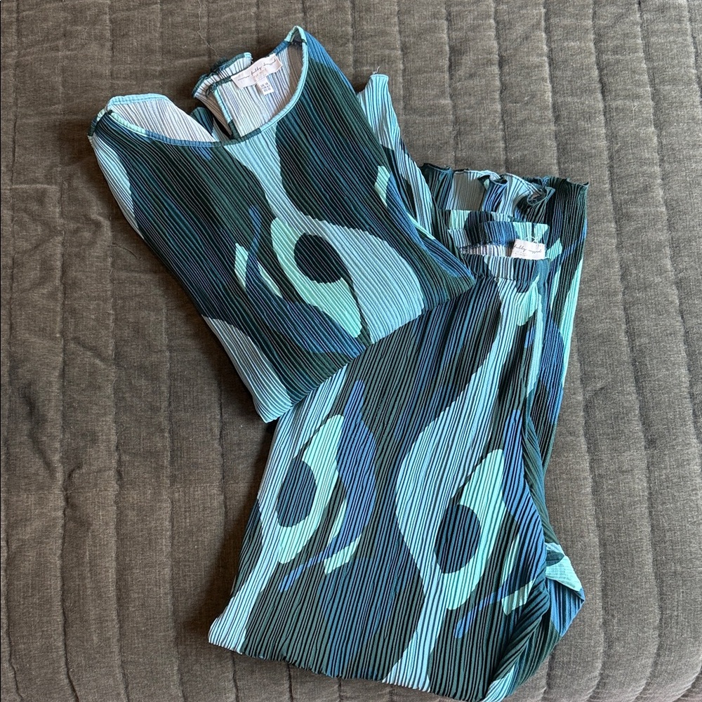 Blue and Green Pleated Patterned Co-Ord Pant Long Sleeve